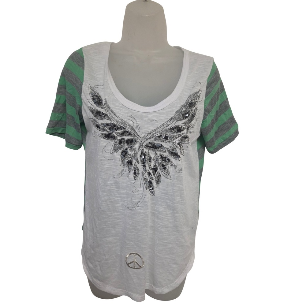Miss Me Women Green Grey Striped Sequin Wing Graphic Short Sleeve Top Scoop Neck